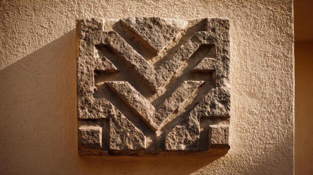 Stone Carving with Geometric Pattern on Building Exterior, Architectural Detail on Textured Wall Surface photo
