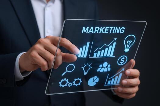 digital márketing estrategia empresario interactuando con virtual interfaz para crecimiento analítica y creativo soluciones foto