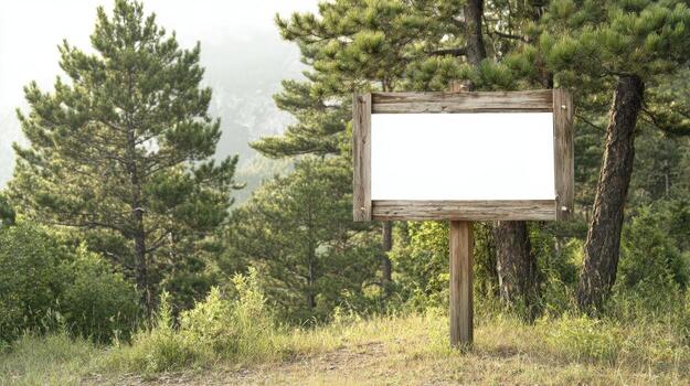 Wooden Signboard Mockup in Forest Environment for Advertising and Informational Purposes, Customizable White Space photo