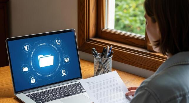 Data Security Concept Young Woman Working on Laptop with Secure File Management Interface at Home photo