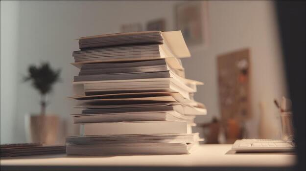 Stack of Paperwork on Desk with Blurred Background, Illustrating Overload and Administrative Work photo