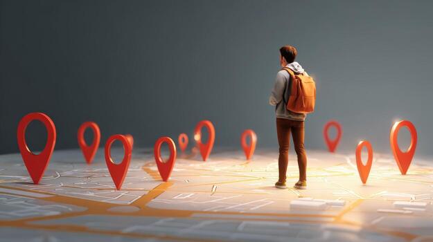 Traveler Standing on a Map Surrounded by Location Pins, Illustrating Navigation and Exploration Concepts photo