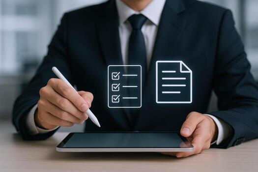 Man in Suit Completing Digital Checklist on Tablet with Stylus for Business Approvals photo