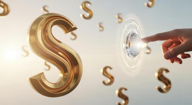 dorado moneda símbolos flotante con mano activando un tecnología interfaz, representando financiero crecimiento y digital transformación foto