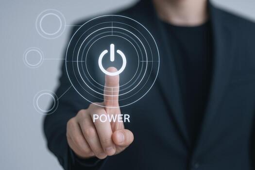 Activating the Future Businessman Touching Virtual Power Button, Illustrating Innovation and Technological Advancement in Business photo