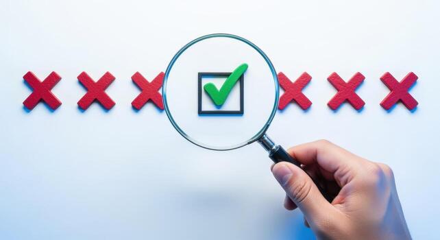 Magnifying Glass Focuses on a Green Check Mark Among Red X Symbols, Illustrating Selection and Approval photo
