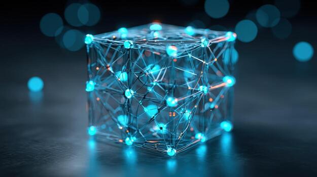 Abstract Cube Structure with Glowing Nodes and Connections for Technology or Network Concepts photo