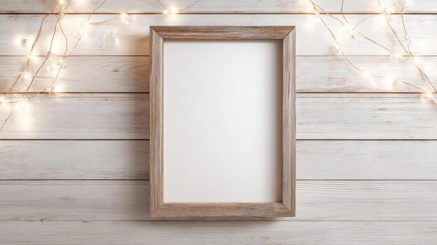 Elegant Wooden Frame Mockup on White Wood Background with Fairy Lights for Art Display photo