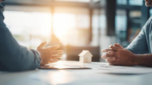 Real Estate Consultation Two Men Discussing Property Investment with a Small House Model on the Table photo