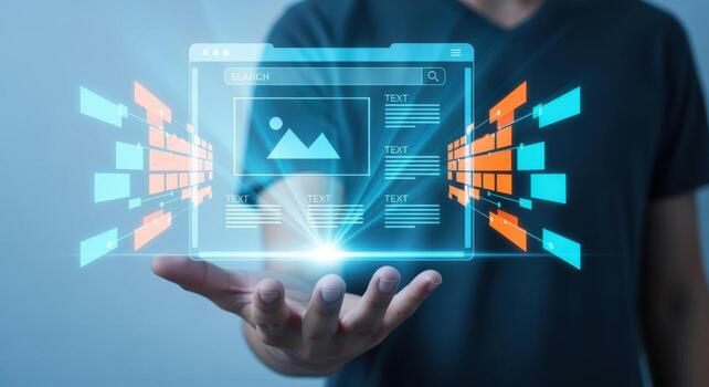 Digital Interface Concept Man Holding a Futuristic Screen with Graphics and Data Visualization in Augmented Reality photo