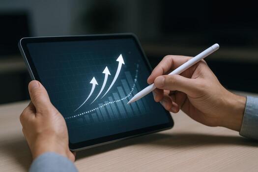 Digital Business Growth Analysis on Tablet Man Using Stylus Pen Analyzing Market Data photo