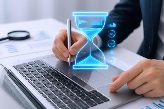 Time Management and Productivity Businessman Using Laptop with Hourglass Icon for Deadline Efficiency photo