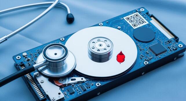 Data Recovery Concept Stethoscope Examining a Hard Disk Drive, Symbolizing Data Loss and the Need for Retrieval photo