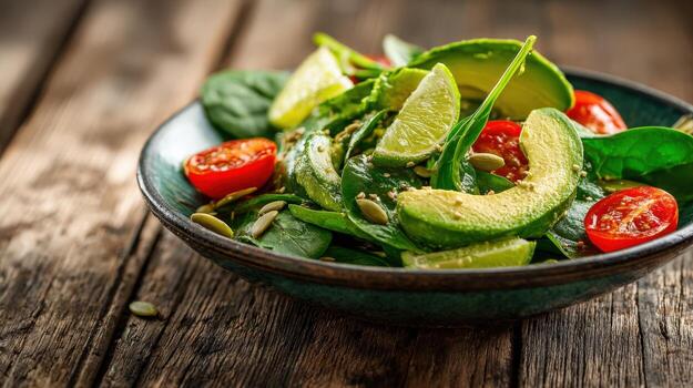 Fresh and Vibrant Avocado Salad with Spinach, Cherry Tomatoes, and Lime on Rustic Wood photo