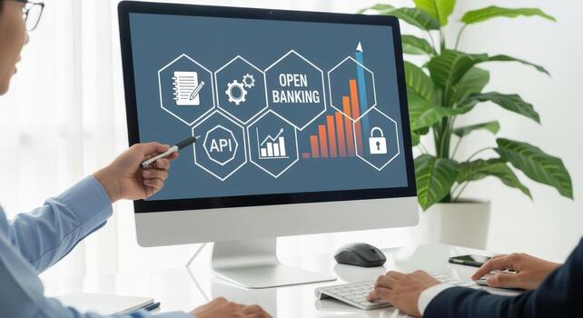 Open Banking Concept Presented on Computer Screen by Business Professionals in Modern Office Environment photo