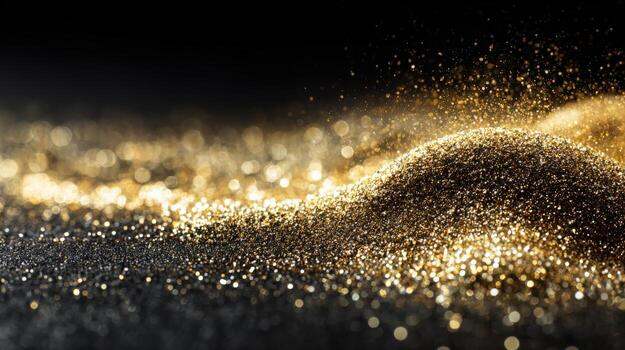 Golden Glitter Dust Pile on Black Background with Bokeh Effect - Abstract Luxury Concept photo