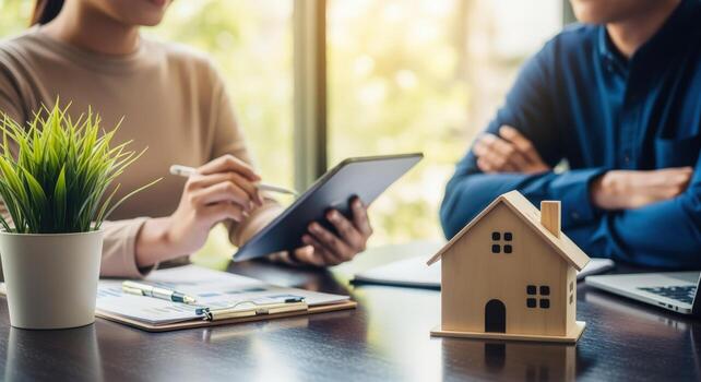 Real Estate Agent Meeting with Client to Discuss Property Investment and Home Buying Options Using Tablet photo