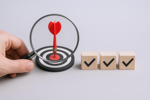 Achieving Business Goals Dart in Bullseye with Magnifying Glass and Checklist Confirmation Blocks photo
