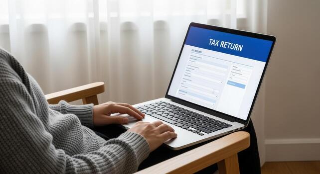 Tax Return Preparation Person Filing Taxes Online Using Laptop, Financial Document Submission, Form Filling photo