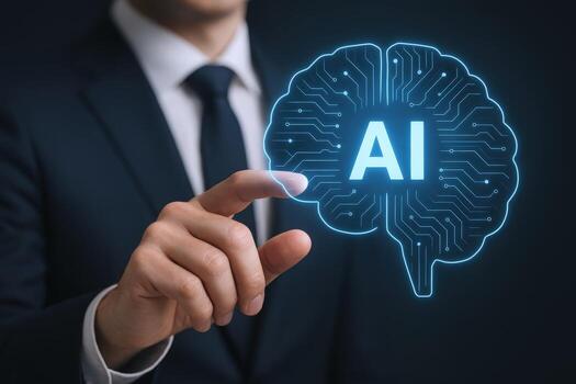 Artificial Intelligence Technology Businessman Interacting with a Digital Brain Interface Representing AI Innovation and Future Technology photo