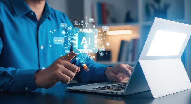 Artificial Intelligence Concept Businessman Using Laptop with AI Chip Interface for Modern Technology photo