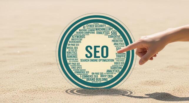 SEO Strategy Concept on Beach Sand Hand Pointing to Search Engine Optimization Word Cloud photo
