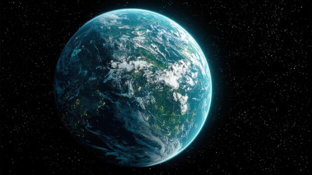 Exoplanet with Oceans and Continents Set Against Starry Backdrop, Ideal for Science Fiction and Space Exploration photo