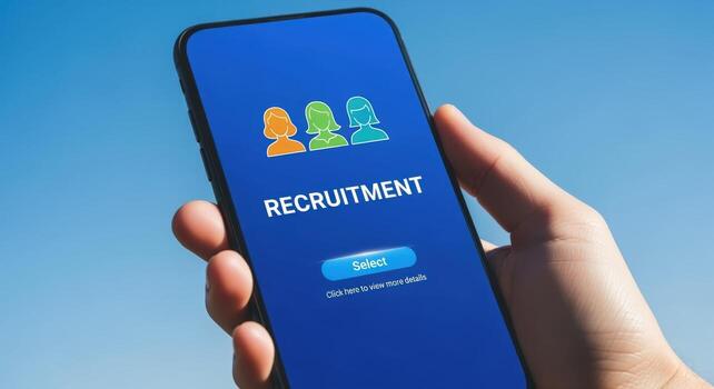 Recruitment App on Mobile Device Displayed Against Blue Sky For Talent Acquisition and Human Resources photo