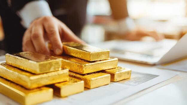 Man Inspecting Stack of Gold Bars on Financial Documents, Symbolizing Wealth and Investment Strategy photo