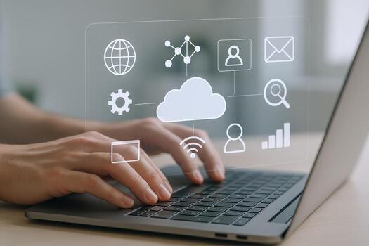 Cloud Computing Interface User Accessing Cloud Services on Laptop for Global Communication and Data Analysis photo