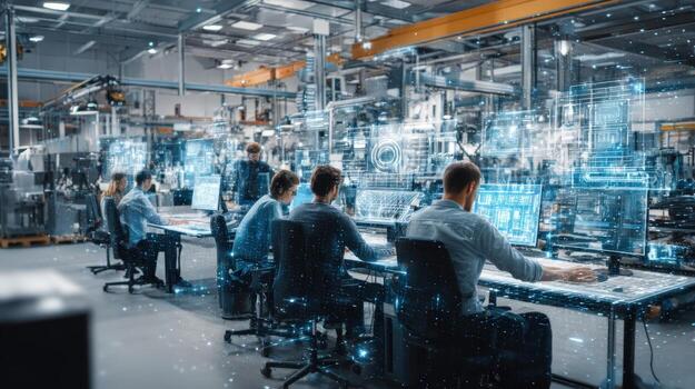 Engineers Working on Futuristic Technology in a Modern Factory Setting with Augmented Reality Displays photo