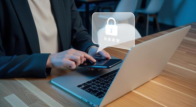 Secure Online Transactions Woman Using Mobile for Authentication with Laptop and Security Icon photo