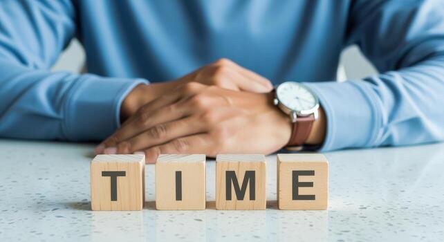 Time Management Concept Wooden Blocks Spelling Time, Person with Wristwatch, Urgency, Deadlines, Schedule photo