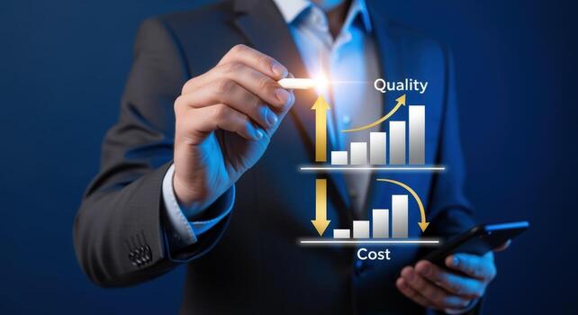 Business Professional Demonstrating Quality Improvement and Cost Reduction Strategies with Digital Graph on a Futuristic Interface photo