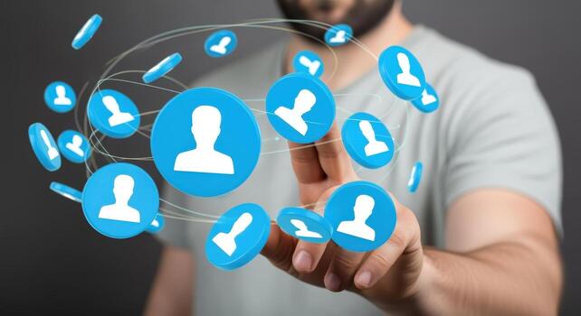 Network Connectivity Illustration with Person Pointing at Virtual Nodes, Representing Social Media, Communication, and Teamwork photo