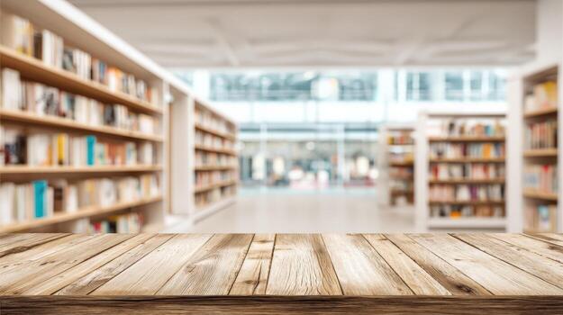 Library with Bookshelves and Wooden Tabletop for Displaying Products or Mockups, Studying Knowledge photo