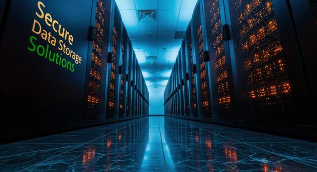 Server Room Data Center with Rows of Operating Rack Cabinets and Networking Hardware Infrastructure photo