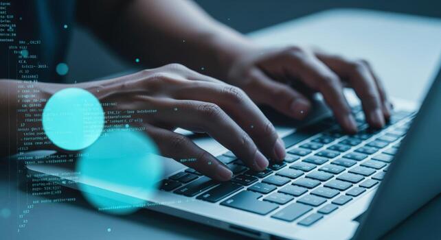 manos mecanografía en ordenador portátil teclado con digital superposiciones, datos entrada, y la seguridad cibernética conceptos foto