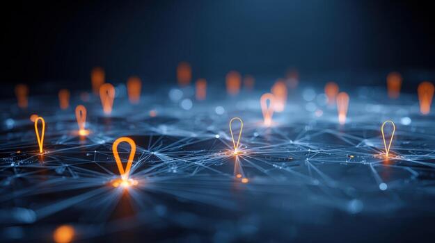 Abstract Network of Glowing Location Pins Representing Global Connectivity and Navigation Technology photo
