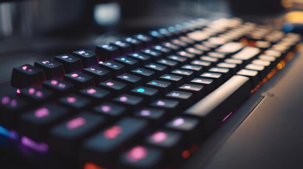 Illuminated Mechanical Keyboard Close-Up Displaying Customizable RGB Lighting for Gaming or Professional Use photo