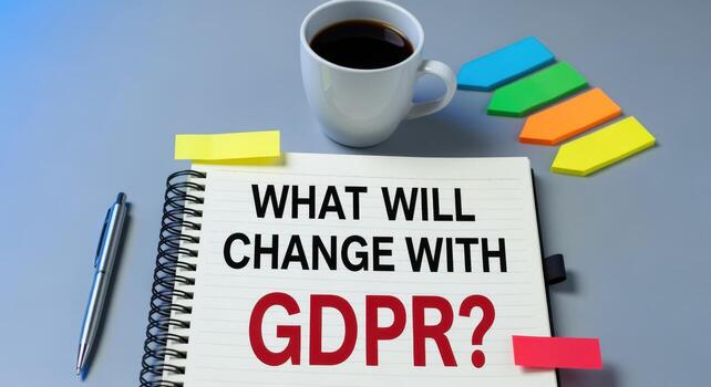 GDPR Compliance Concept Notepad with Question and Coffee Cup on Desk for Data Privacy photo