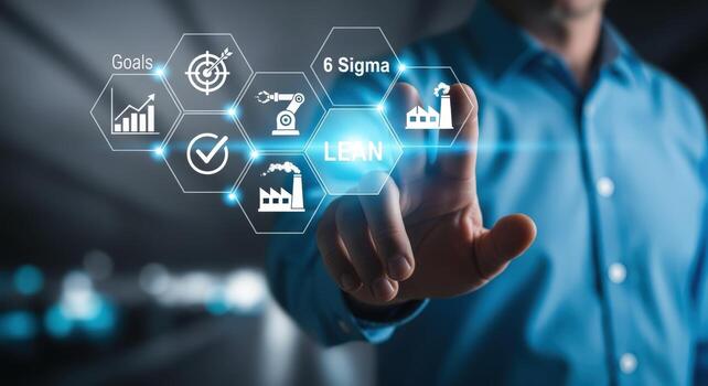 Lean Manufacturing Digital Transformation Businessman Activating Automation, Goals, and Productivity Icons on Virtual Screen photo