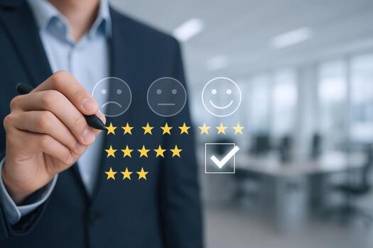 Customer Experience Feedback Businessman Evaluating Service Quality with Digital Interface and Rating System, Indicating High Satisfaction photo