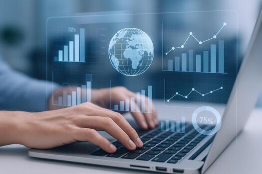 Data Analysis on Laptop Financial Charts, Global Network, and Business Insights Visualization photo