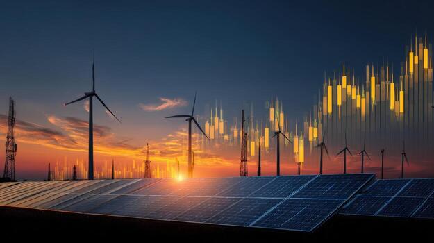 Renewable Energy Sources at Sunset with Financial Growth Chart Overlay, Representing Sustainable Investment and Clean Technology photo
