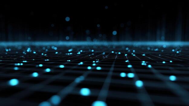 Abstract Futuristic Grid with Glowing Particles, representing technology, networking, and data transmission in a modern digital landscape photo