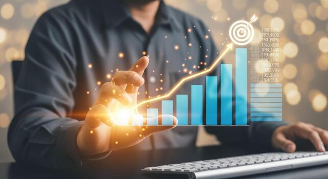 negocio crecimiento visualización hombre analizando ascendente bar grafico con objetivo, demostrando estrategia y financiero éxito foto