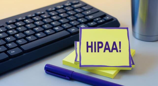 Office Desk Composition with Keyboard, Pen, and Notes Displaying HIPAA Compliance Guidelines photo