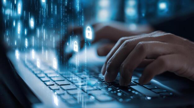 Cybersecurity Professional Typing on Laptop with Digital Locks Overlay Data Protection and Online Safety photo