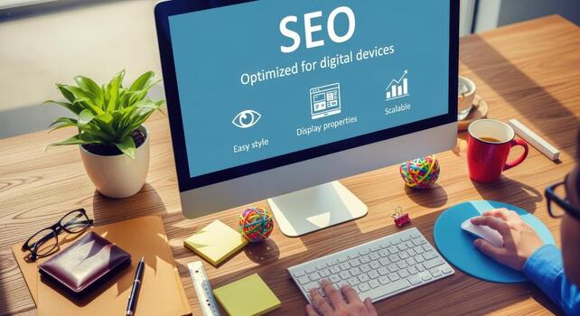 SEO Optimization Strategy Displayed on a Computer Monitor with Workspace Elements for Digital Marketing Concepts photo